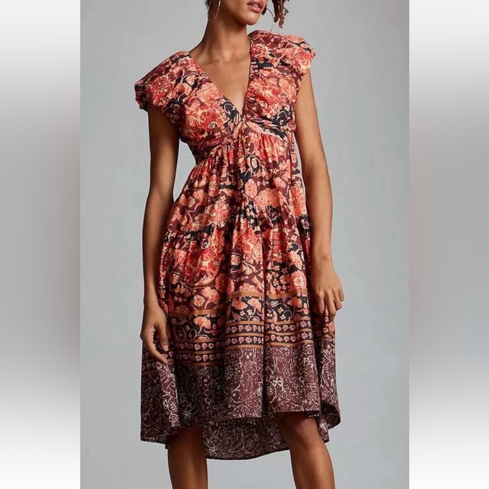 Anthropologie Printed V-Neck Babydoll Boho Dress Size 2P